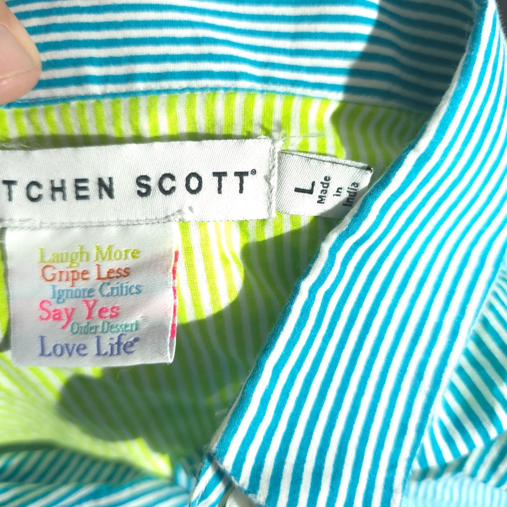 Gretchen Scott Shirt Womens L Turquoise White Striped Button Down Linen Top - Picture 8 of 11